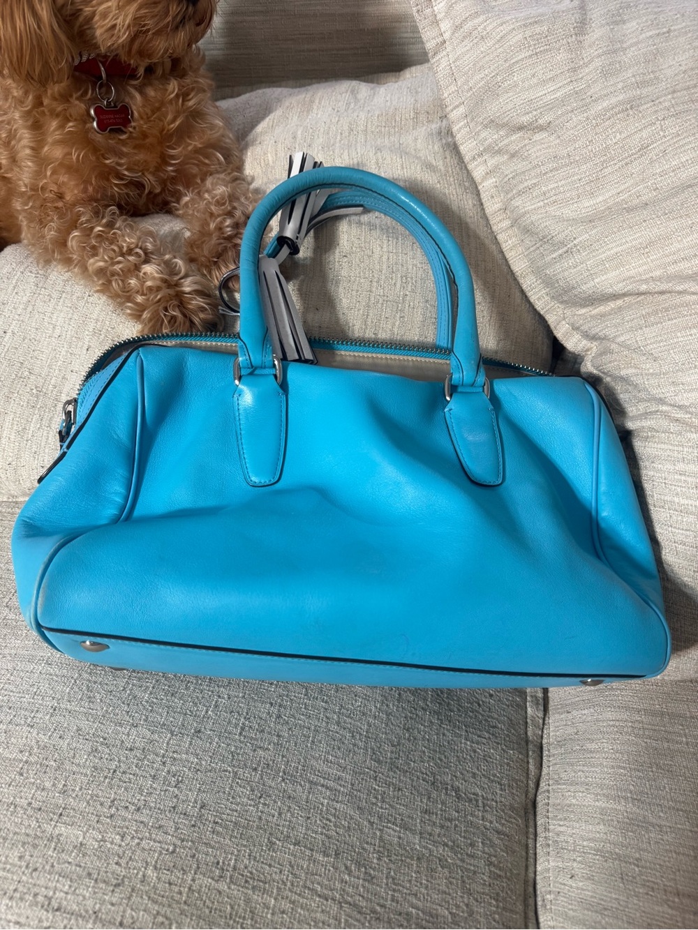 Coach Turquoise Perforated Leather Satchel with Tassel - Picture 2 of 4